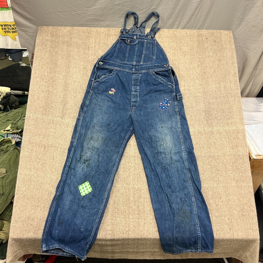 Vintage 1950s Denim Overalls Mens 36x32 Blue Patchwork Distressed USA